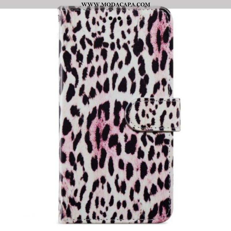 Capa Folio Para iPhone 15 Plus De Cordão Efeito Pele De Leopardo Com Alça