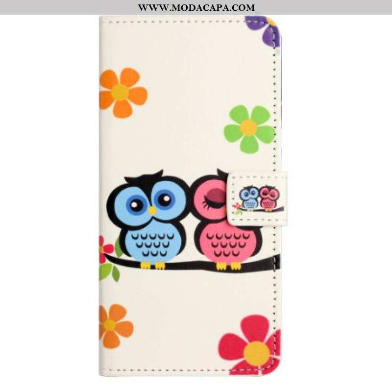 Capa Flip Para iPhone 15 Plus Casal De Corujas