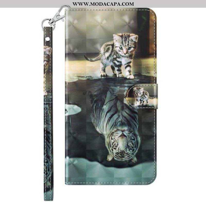 Capa Em Pele Para iPhone 15 Plus De Cordão Sonho De Gatinho 3d Com Alça