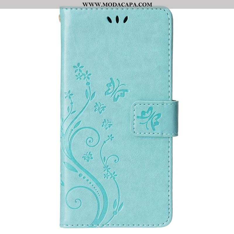 Capa Flip Para iPhone 15 Plus Flores E Borboletas