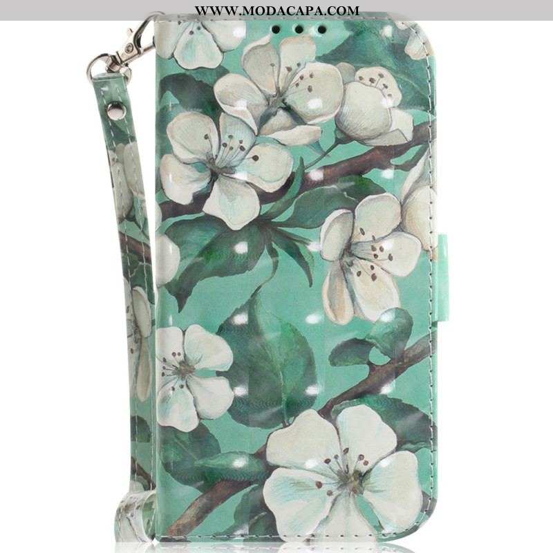 Capa De Couro Para iPhone 15 Plus De Cordão Flores Brancas Com Alça