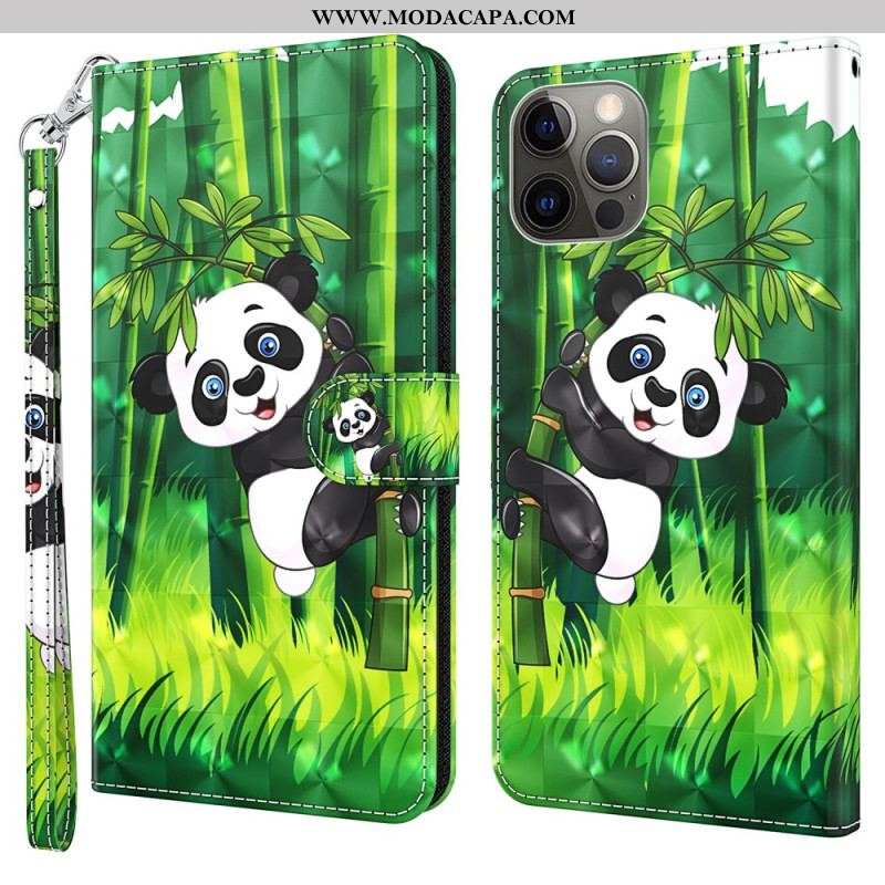 Capa Flip Para iPhone 15 Plus De Cordão Panda De Bambu 3d Com Alça