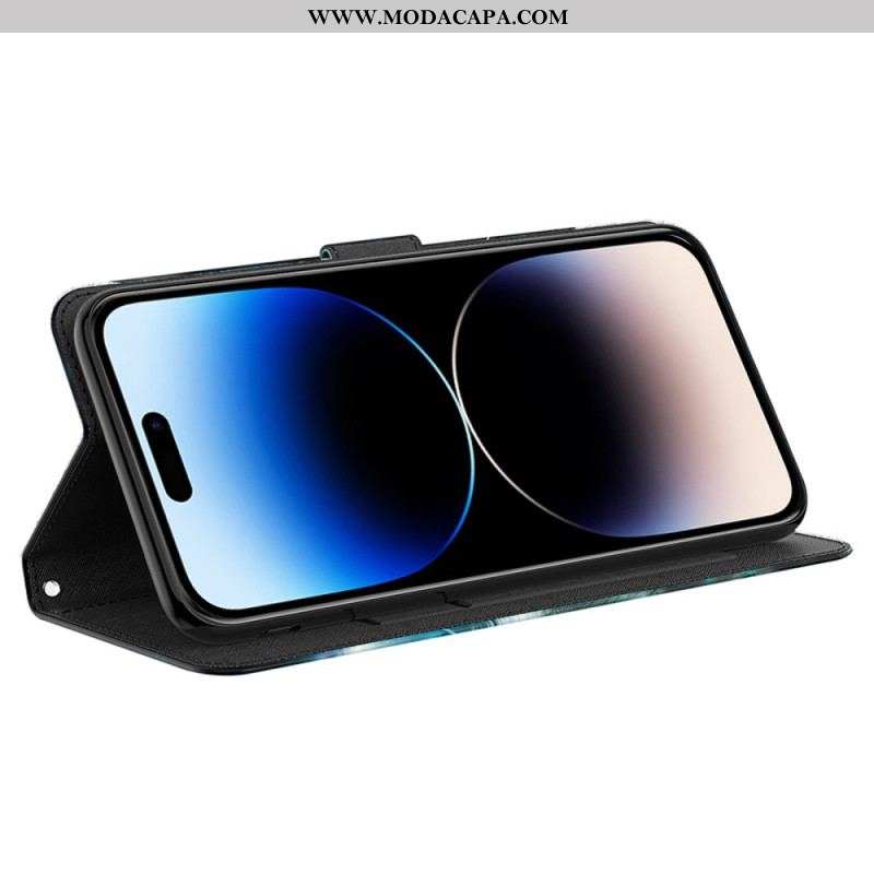 Capa De Couro Para iPhone 15 Pro Max De Cordão Borboletas 3d Com Cordão