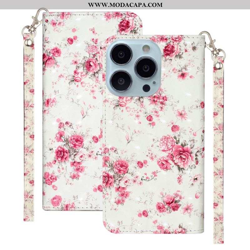 Capa Em Pele Para iPhone 15 Pro Max De Cordão Flores 3d Com Alça