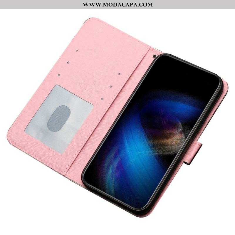 Capa Em Pele Para iPhone 15 Pro Max De Cordão Flores 3d Com Alça