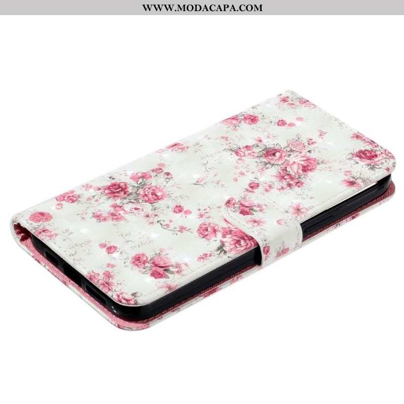Capa Em Pele Para iPhone 15 Pro Max De Cordão Flores 3d Com Alça