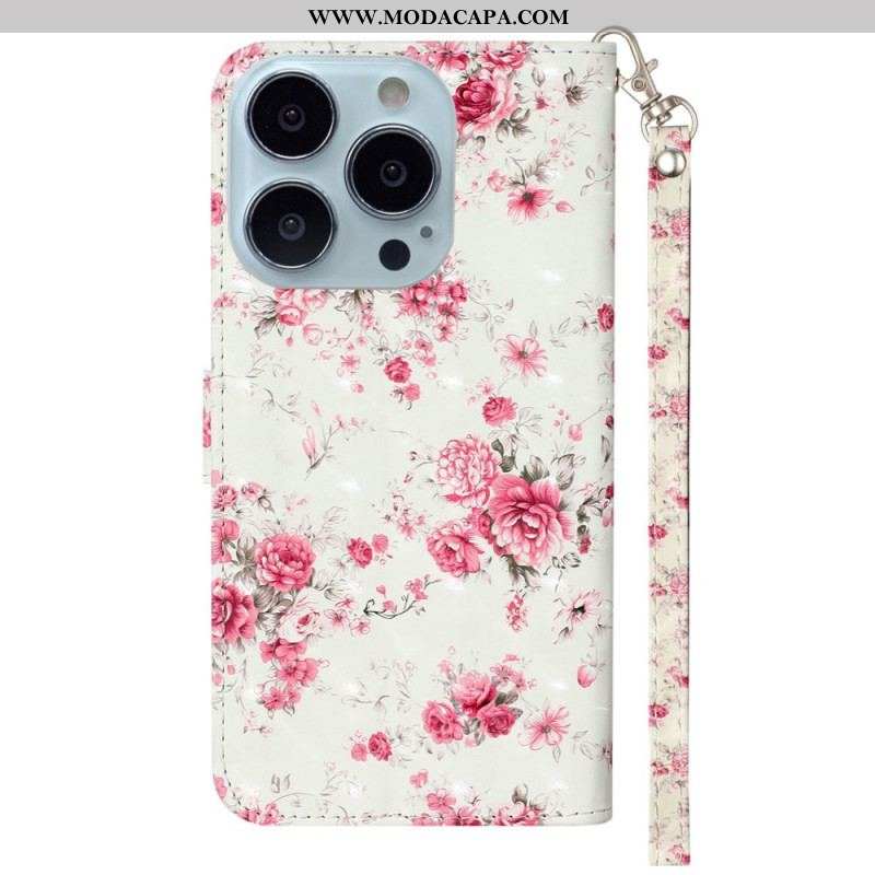 Capa Em Pele Para iPhone 15 Pro Max De Cordão Flores 3d Com Alça