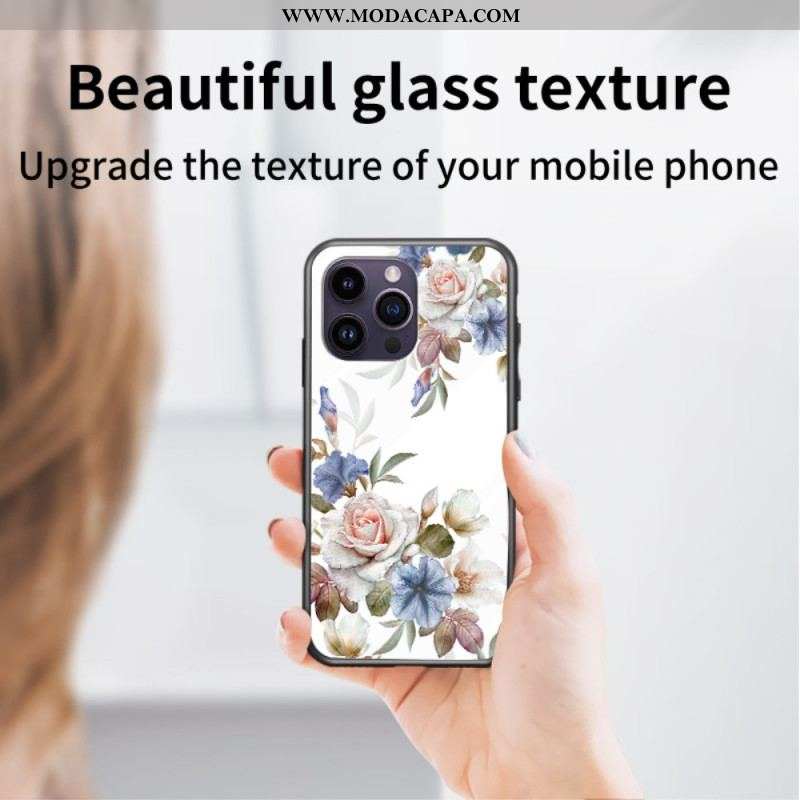 Capa De Celular Para iPhone 15 Pro Max Vidro Temperado Floral Com Anel De Suporte