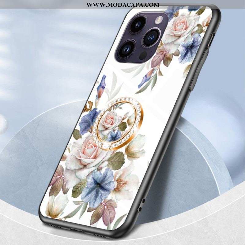 Capa De Celular Para iPhone 15 Pro Max Vidro Temperado Floral Com Anel De Suporte