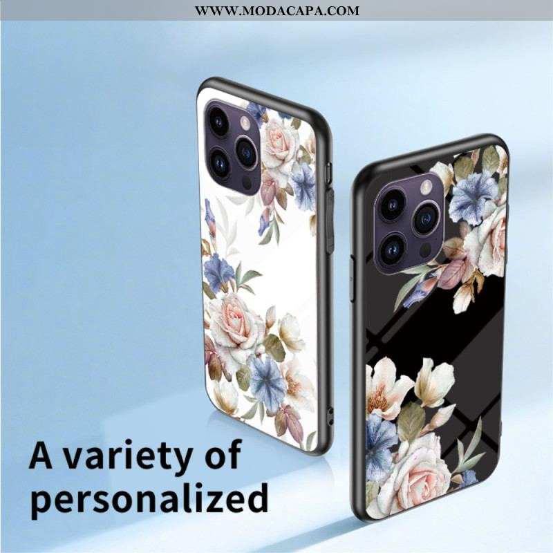 Capa De Celular Para iPhone 15 Pro Max Vidro Temperado Floral Com Anel De Suporte