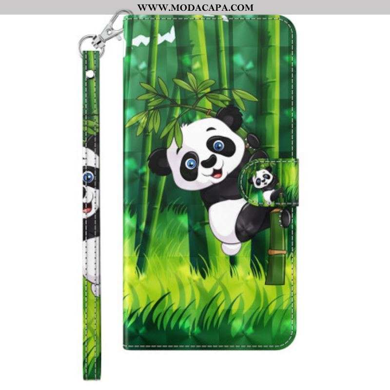 Capa De Couro Para iPhone 15 Pro Max De Cordão Panda De Bambu 3d Com Alça