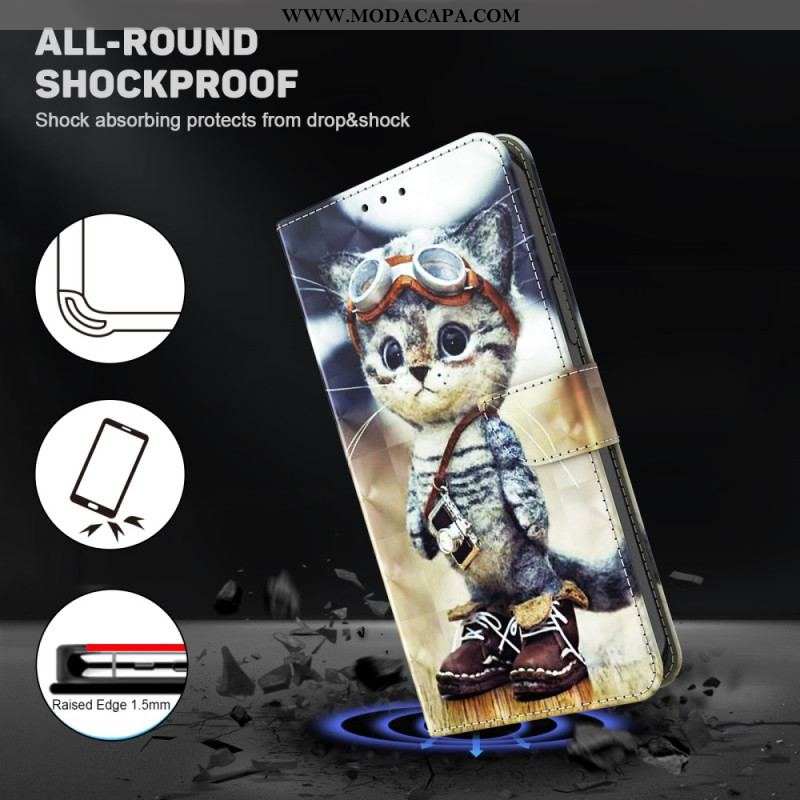 Capa De Couro Para iPhone 15 Pro Max De Cordão Gato Aviador Com Alça