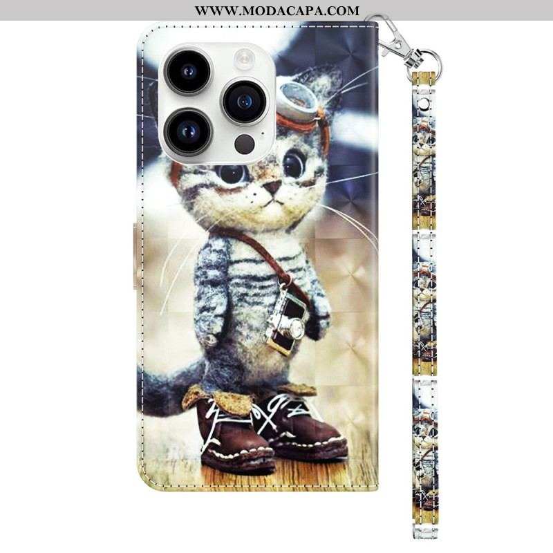 Capa De Couro Para iPhone 15 Pro Max De Cordão Gato Aviador Com Alça