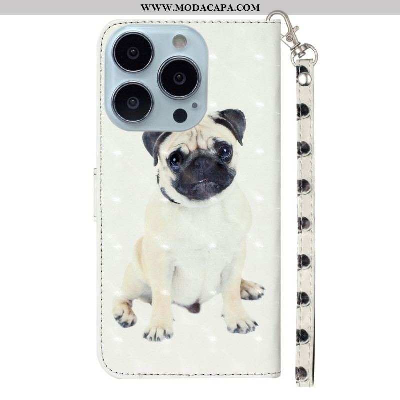 Capa Flip Para iPhone 15 Pro Max De Cordão Pug 3d Com Alça