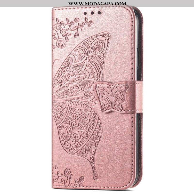 Capa Flip Para iPhone 15 Pro Max De Cordão Borboleta Barroca Com Alça