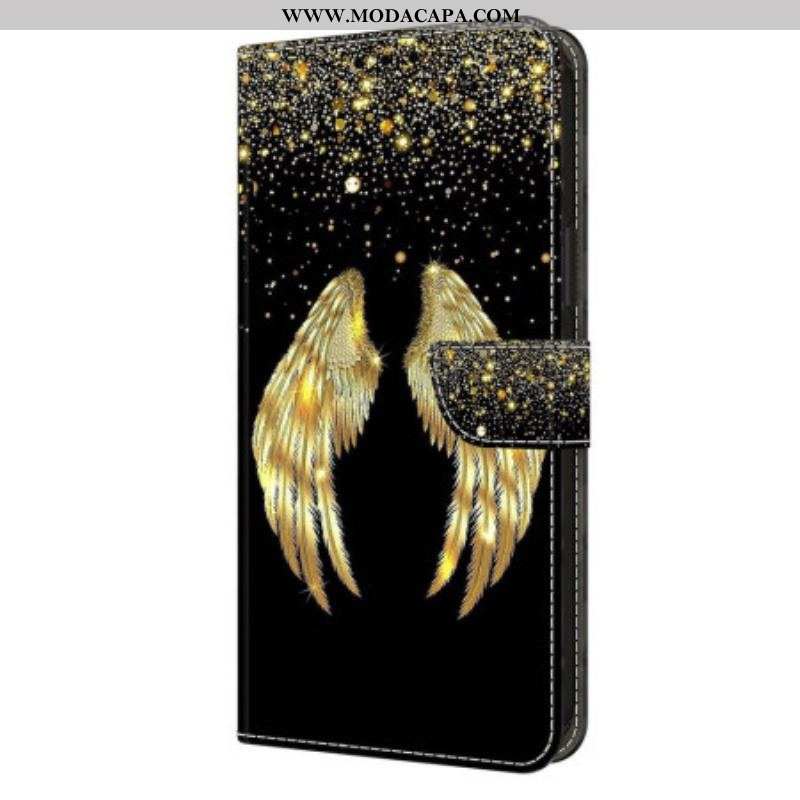Capa De Couro Para iPhone 15 Pro Asas Douradas