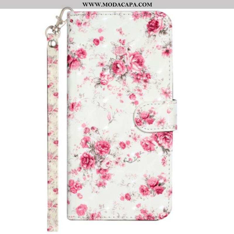 Capa Folio Para iPhone 15 Pro De Cordão Flores 3d Com Alça