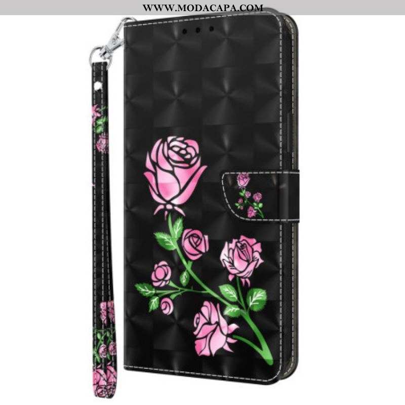 Capa Folio Para iPhone 15 Pro De Cordão Cinta Rosas
