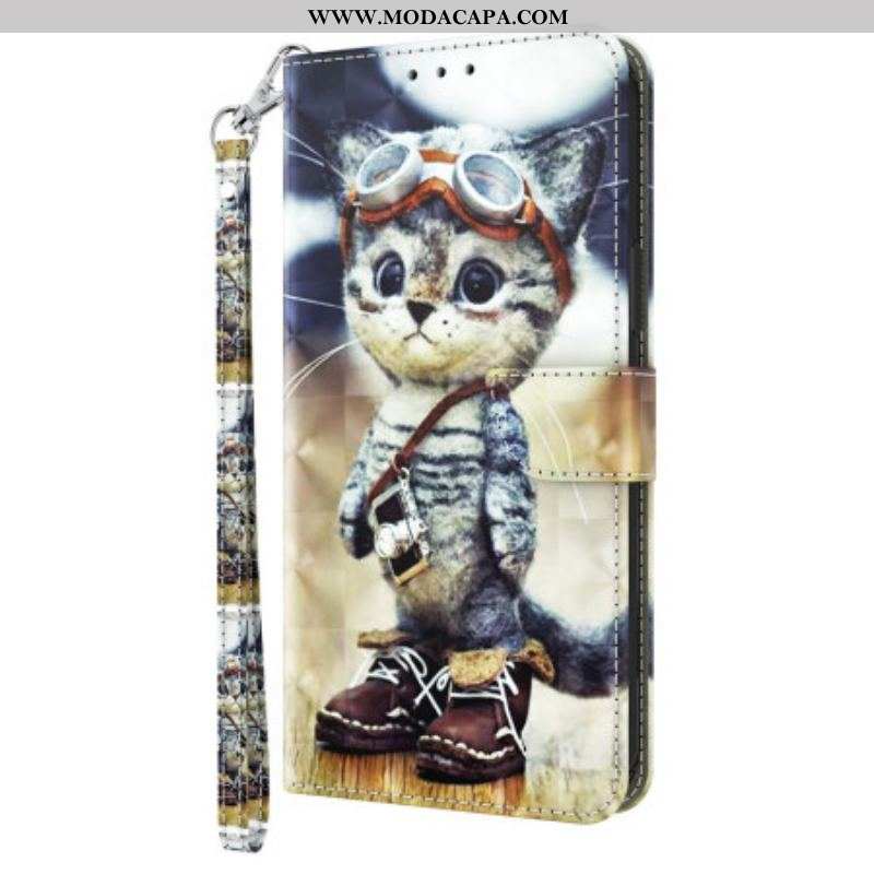 Capa Flip Para iPhone 15 Pro De Cordão Gato Aviador Com Alça