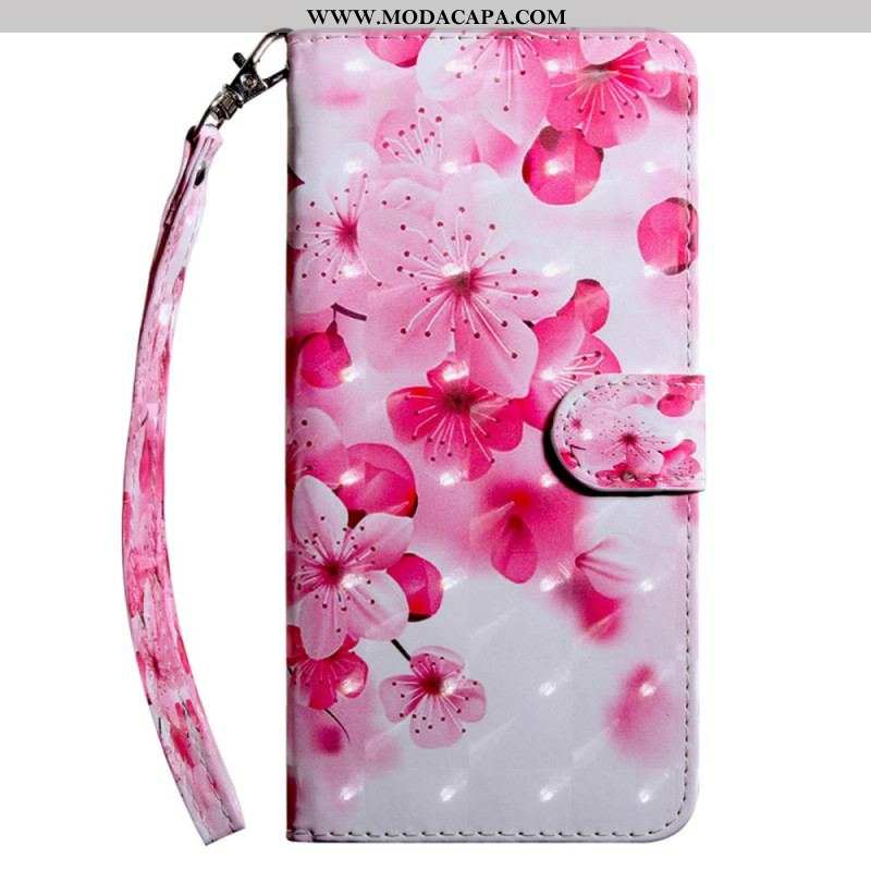 Capa De Couro Para iPhone 15 Pro De Cordão Cinta Flores