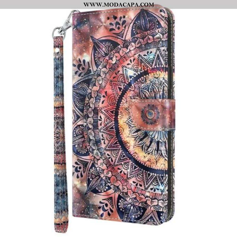 Capa Flip Para iPhone 15 Pro De Cordão Mandala Com Alça