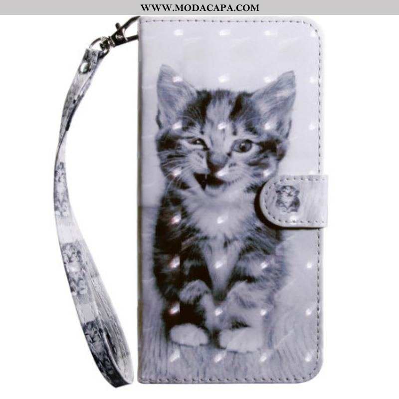 Capa De Couro Para iPhone 15 Pro De Cordão Gatinho Com Alça