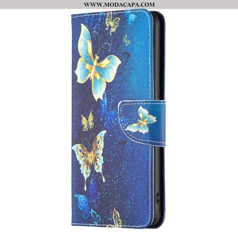 Capa Para iPhone 15 Plus Borboletas Em Fundo Azul