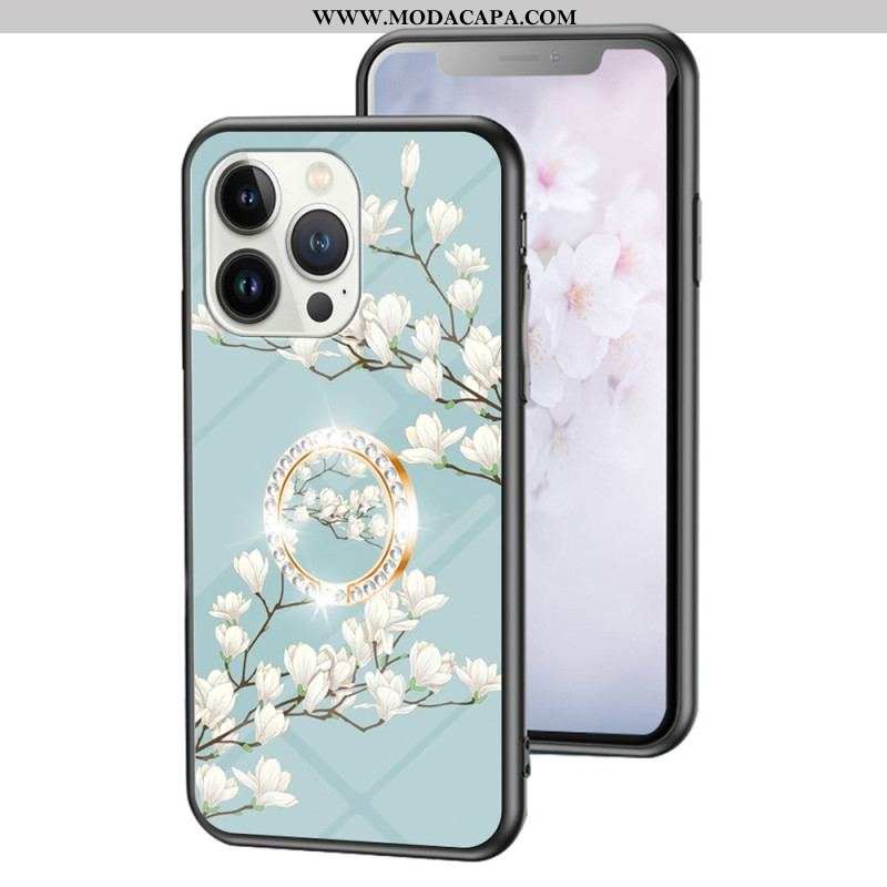 Capa Para iPhone 15 Pro Vidro Temperado Floral Com Anel De Suporte