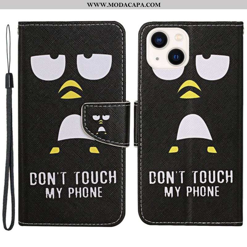 Capa Em Pele Para iPhone 15 De Cordão Pinguim. Não Toque No Cordão Do Meu Telefone