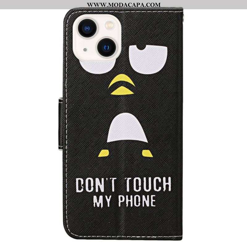 Capa Em Pele Para iPhone 15 De Cordão Pinguim. Não Toque No Cordão Do Meu Telefone