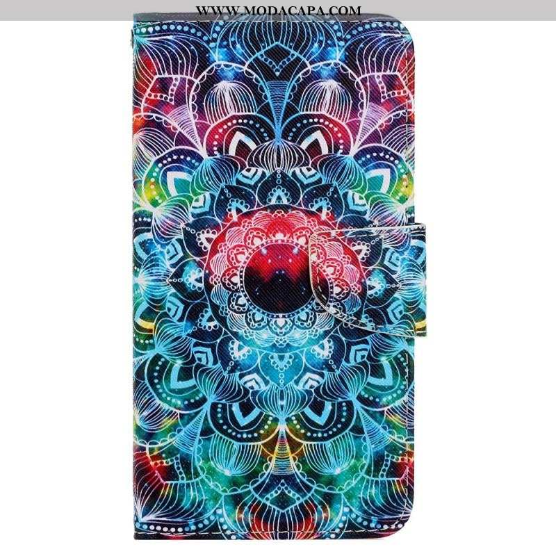 Capa Folio Para iPhone 15 De Cordão Mandala Colorida Com Alça
