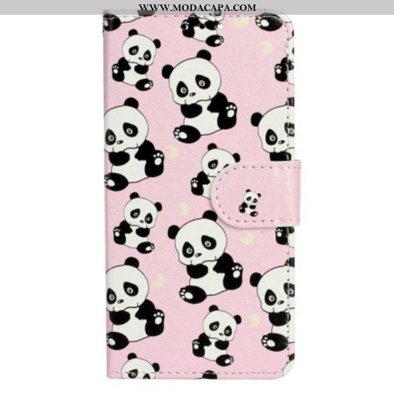 Capa De Couro Para iPhone 15 De Cordão Pequenos Pandas Com Alça