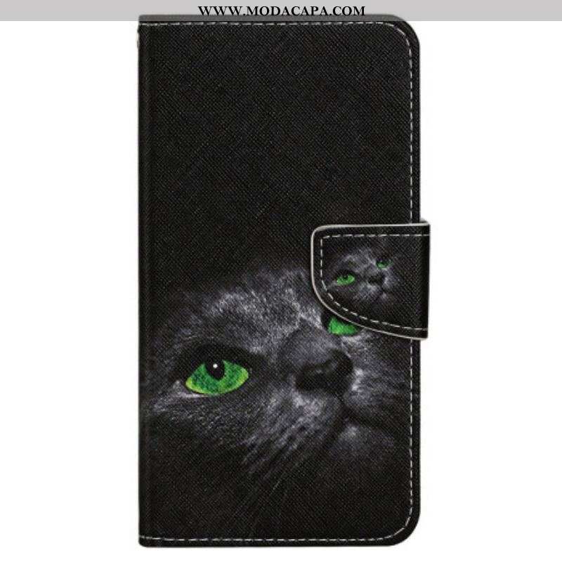 Capa Flip Para iPhone 15 De Cordão Gato De Olhos Verdes Com Alça