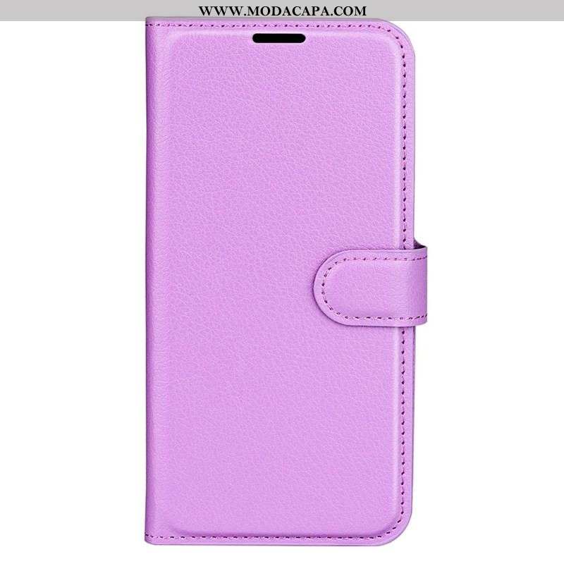 Capa Flip Para iPhone 15 Couro Sintético Clássico De Lichia