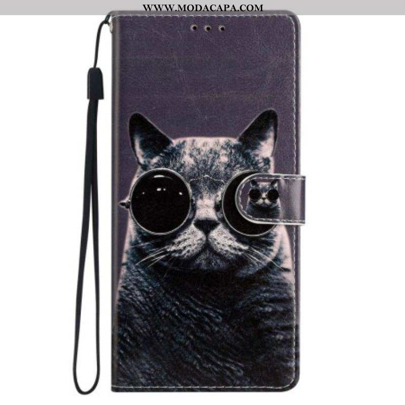 Capa De Couro Para iPhone 15 De Cordão Gato Incógnito Com Alça