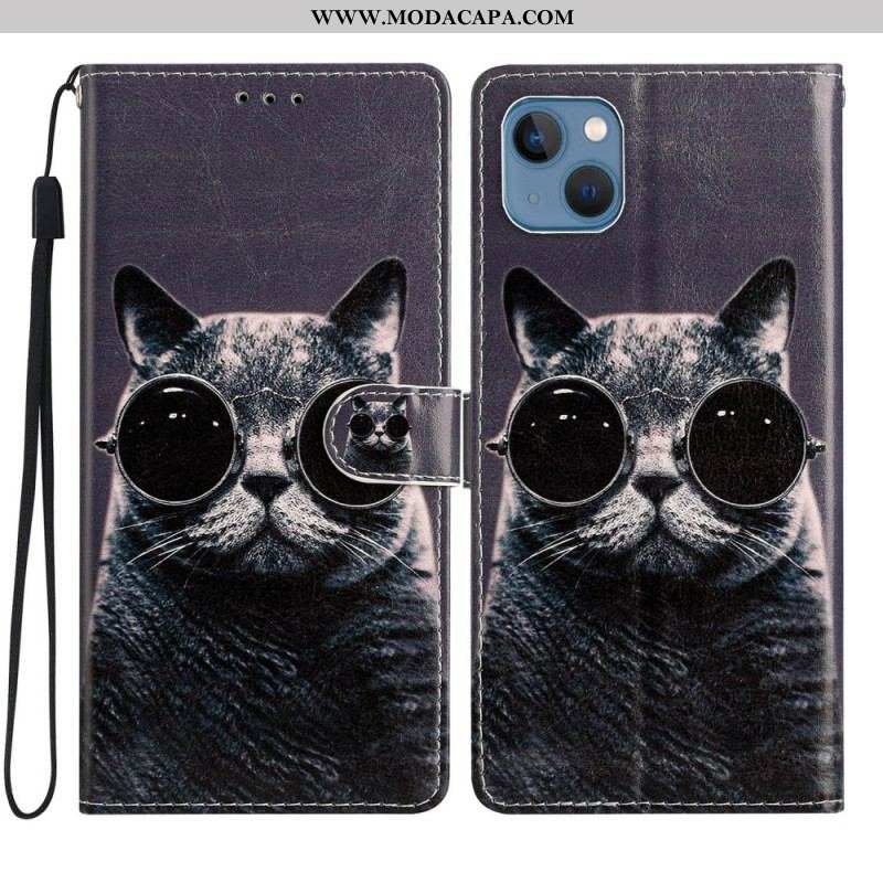 Capa De Couro Para iPhone 15 De Cordão Gato Incógnito Com Alça