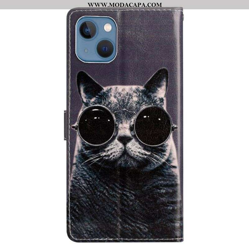 Capa De Couro Para iPhone 15 De Cordão Gato Incógnito Com Alça