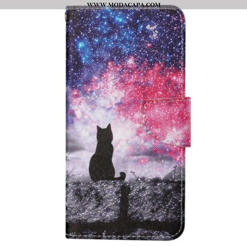 Capa Folio Para iPhone 15 De Cordão Gato Ao Luar Com Alça